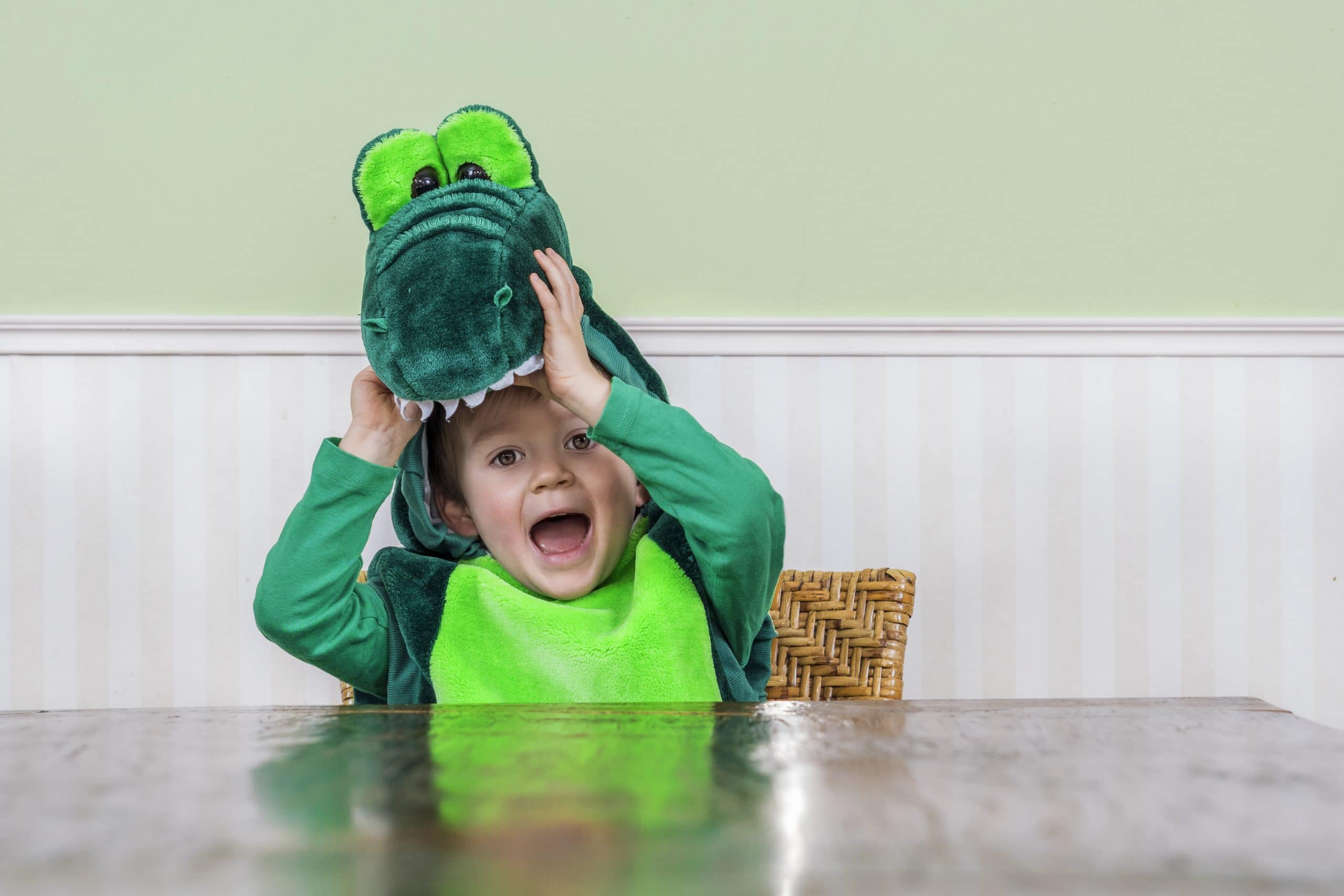 Kleiner Junge sitzt an einem Tisch und trägt ein grünes Krokodilkostüm