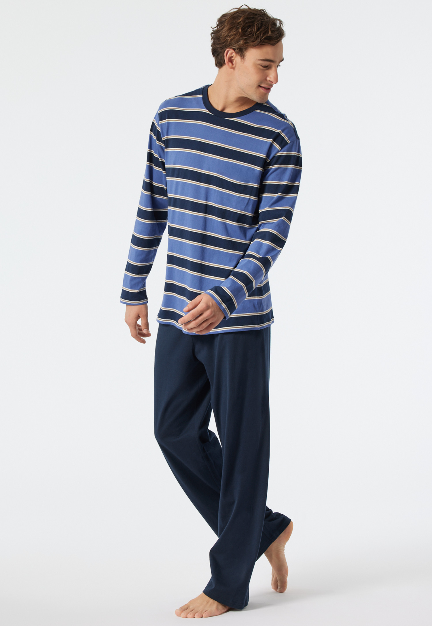 Schlafanzug lang Rundhals gestreift jeansblau/dunkelblau Comfort Fit