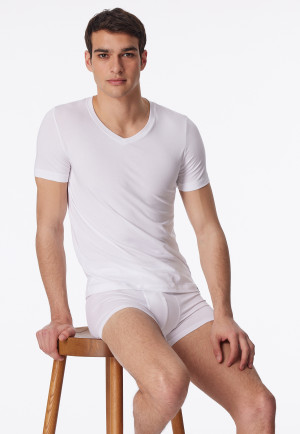 Short-Sleeve Jersey Shirt, Elastic, V-Neck, White - Long Life Soft