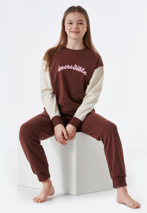 Schlafanzug lang Sweatware Organic Cotton Bündchen braun - Teens Nightwear