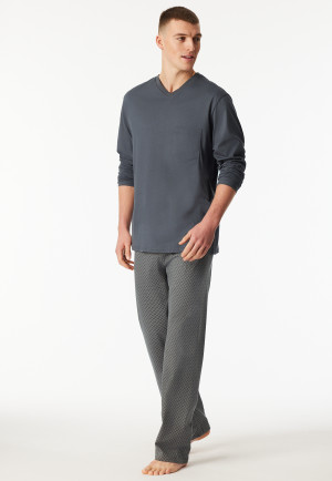 Pyjama long encolure en V poche poitrine gris foncé imprimé - Comfort Essentials