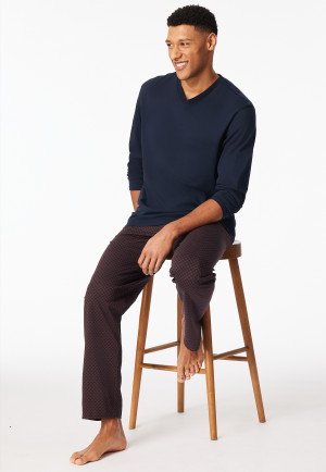 Pyjamas long V-neck chest pocket red-brown patterned - Comfort Essentials
