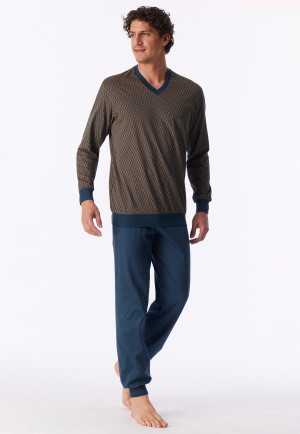 Schlafanzug lang Bündchen deep blue gemustert - Comfort Nightwear
