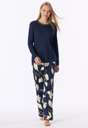 Schlafanzug lang Blumen deep sea blue - Comfort Nightwear
