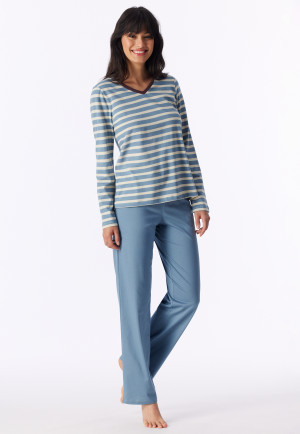 Schlafanzug lang Ringel graublau - Casual Essentials