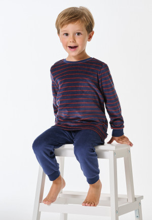 Schlafanzug lang Velour Bündchen Streifen dunkelblau - Boys World