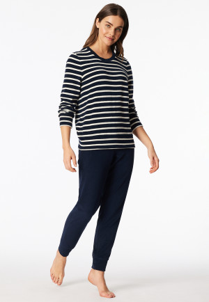 Schlafanzug lang Frottee Bündchen Ringel nachtblau - Casual Essentials