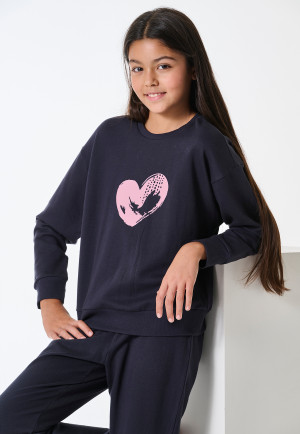 Schlafanzug lang Sweatware Bündchen navy - Nightwear