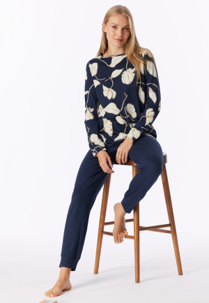 Long Pyjamas with Cuffs, Floral Print, Deep Sea Blue - Comfort Nightwear