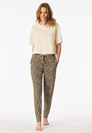 Hose lang Bündchen Blumen Leoparden oliv - Mix+Relax