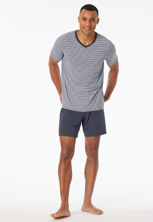 Pyjama korte streepjes v-hals grafiet - Long Life Soft