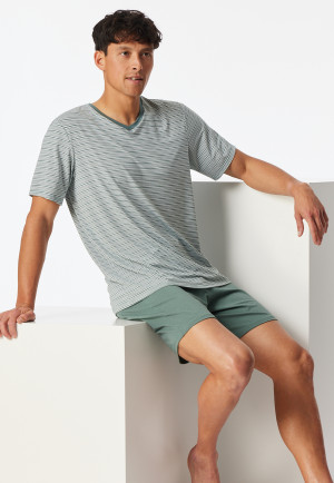 Schlafanzug kurz Ringel V-Ausschnitt khaki - Long Life Soft