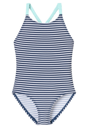 Badpak gebreide LSF40+ strepen wit&strepen - Aqua