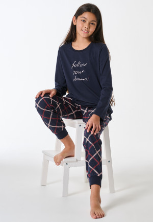Schlafanzug lang Bündchen Karo nachtblau - Teens Nightwear