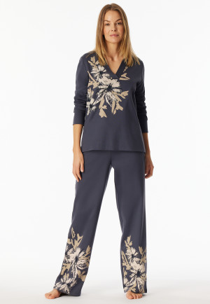 Lange pyjama v-hals bloemen grafiet - Comfort Interlock