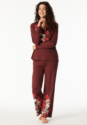 Schlafanzug lang Interlock V-Ausschnitt Blumen burgund - Comfort Interlock