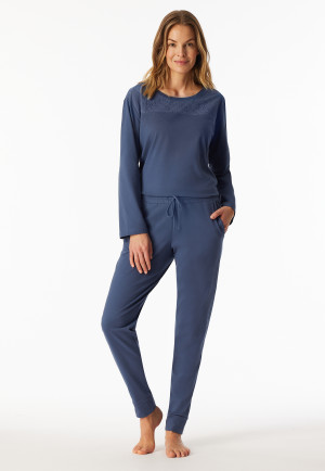 Pigiama lungo con ricamo blu denim - Casual Nightwear