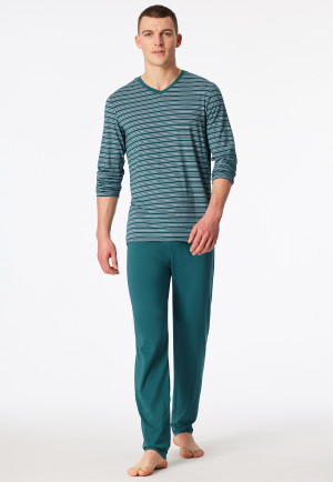 Schlafanzug lang V-Ausschnitt Ringel grün - Long Life Soft