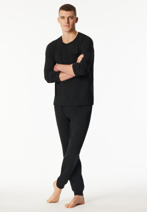 Schlafanzug lang Bündchen schwarz - Modern Nightwear