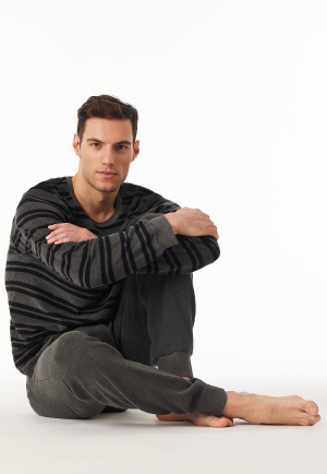 Schlafanzug lang Frottee Bündchen Ringel dunkelgrau meliert - Casual Nightwear