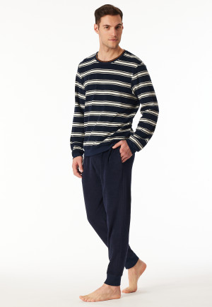 Schlafanzug lang Frottee Bündchen Ringel nachtblau - Casual Nightwear