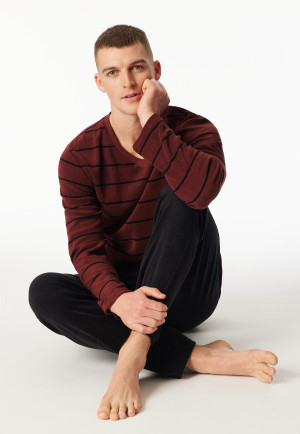 Long pyjamas terry towelling V-neck striping burgundy - Casual Nightwear