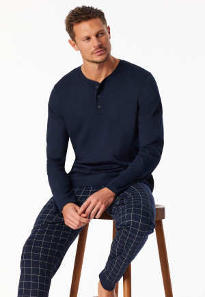 Pyjama long interlock poignet à carreaux bleu nuit - Fine Interlock