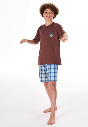 Schlafanzug kurz Surfer Karos havanna - Teens Nightwear