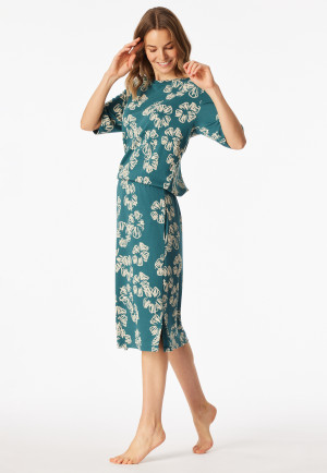 Camicia da notte a maniche corte interlock fascia elastica fiori verde - Modern Nightwear