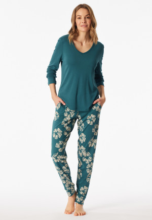 Pyjama lange interlock manchetten bloemen groen - Modern Nightwear