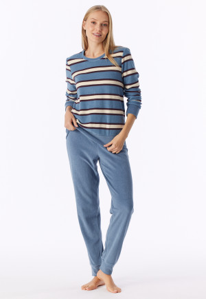 Long Pyjamas in Terry Towelling with Ribbed Cuffs, Stripes, Grey-Blue - Casual Essentials