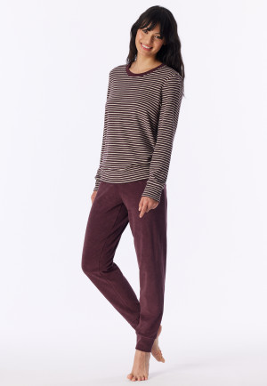 Schlafanzug lang Frottee Bündchen Ringel kakobraun - Casual Essentials