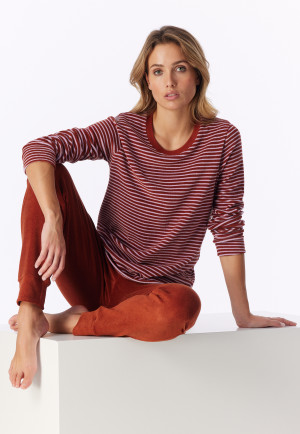 Schlafanzug lang Frottee Bündchen Ringel gebrannter Ziegel - Casual Essentials