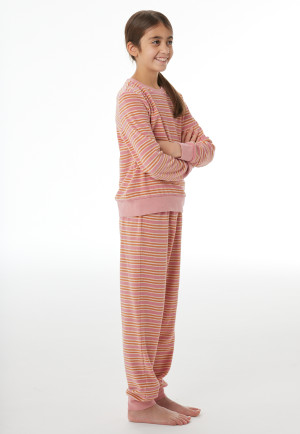 Schlafanzug lang Frottee Bündchen Streifen altrosa - Teens Nightwear