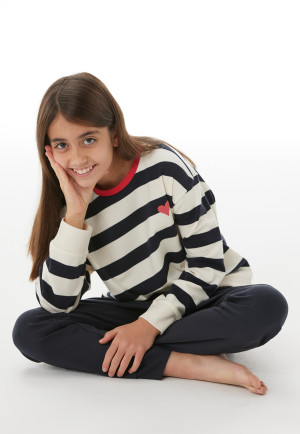 Pyjama long à poignets en bords-côtes, rayures et curs, bleu marine - Nightwear