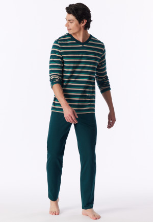 Schlafanzug lang Ringel tiefseegrün - Casual Nightwear