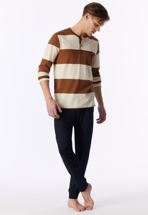Pyjama long à poignets en bords-côtes avec rayures couleur caramel - Casual Nightwear
