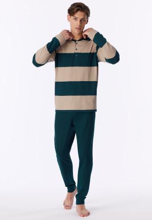 Pigiama lungo con polsini a righe, verde mare profondo - Casual Nightwear