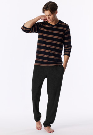 Pyjama long en tissu éponge avec rayures noires - « Casual Nightwear »