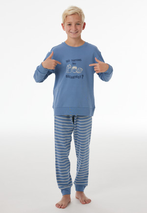 Schlafanzug lang Interlock Bündchen Ringel blaugrau - Nightwear