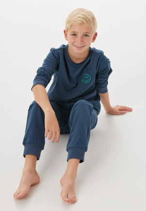 Schlafanzug lang Sweatware Bündchen Smiley deep blue - Nightwear