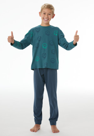 Schlafanzug lang Bündchen Smiley tiefseegrün - Nightwear