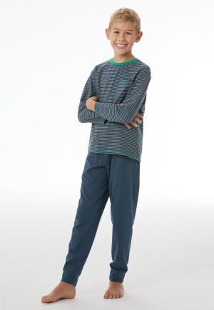 Schlafanzug lang Bündchen Ringel salbei - Nightwear
