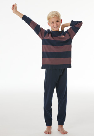 Lange pyjama van interlock met streepjes aan de manchetten, cacaobruin - Nightwear