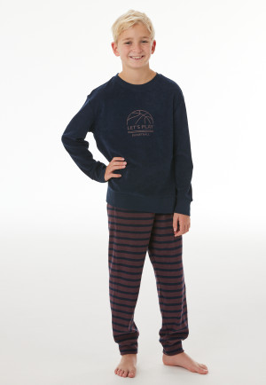 Schlafanzug lang Frottee Bündchen Ringel nachtblau - Nightwear