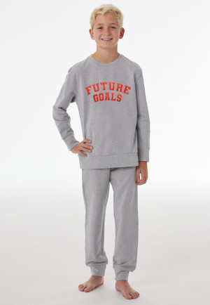 Pyjama long en molleton, poignets en bords-côtes, gris chiné - Nightwear