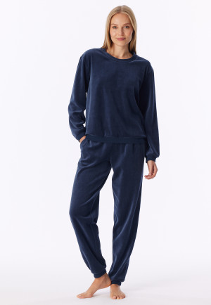 Lounge Set lang Velour Bündchen deep sea blue - Casual Velour