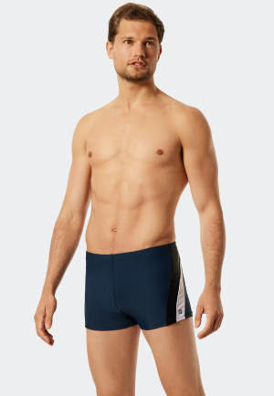 Pantaloncini da bagno retrò in tessuto riciclato con strisce laterali, blu ammiraglio - Nautical Active