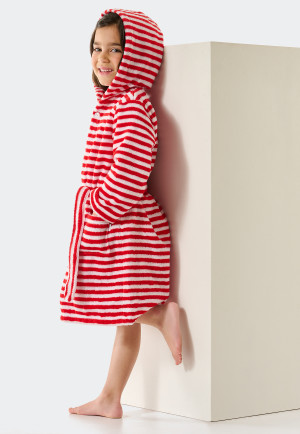 Bathrobe terry cloth velour hood stripes red - Natural Love