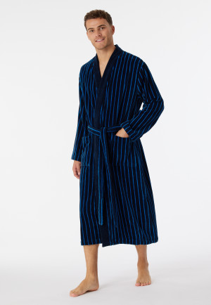 Bathrobe soft velour dark blue striped - Essentials